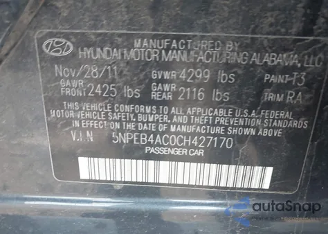 2012 Hyundai Sonata Gls z USA, uszkodzony, nr VIN 5NPEB4AC0CH427170